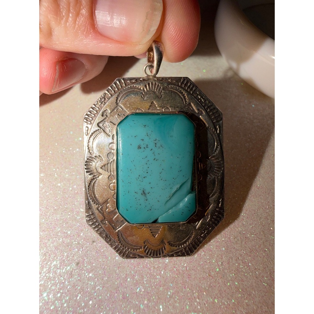 VTG Unsigned Navajo Sterling & Natural Turquoise Shield Pendant